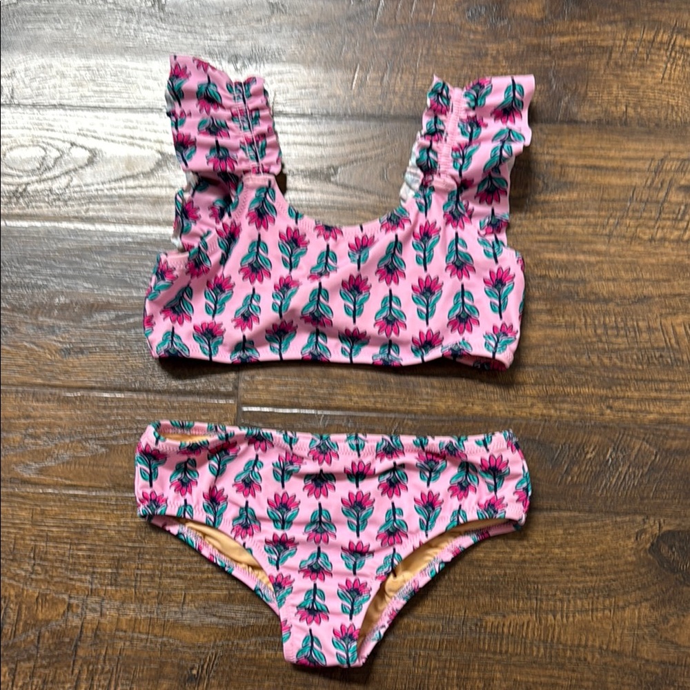 Crewcuts Pink Floral Ruffle-Shoulder Bikini Set